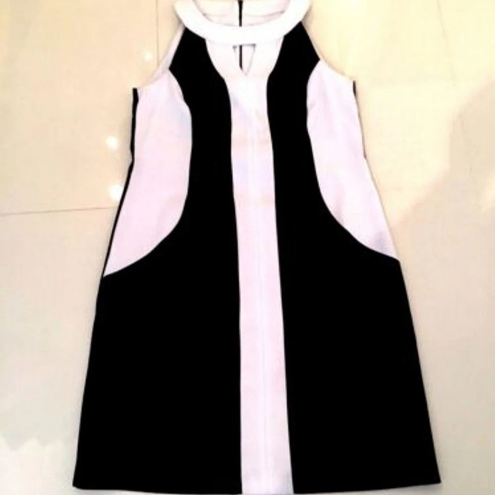 Signature By Sangria SZ 4P Black & White Sleeveless Keyhole Colorbock Mini Dress - Picture 3 of 13